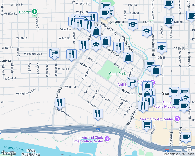 map of restaurants, bars, coffee shops, grocery stores, and more near 441 West 3rd Street in Sioux City