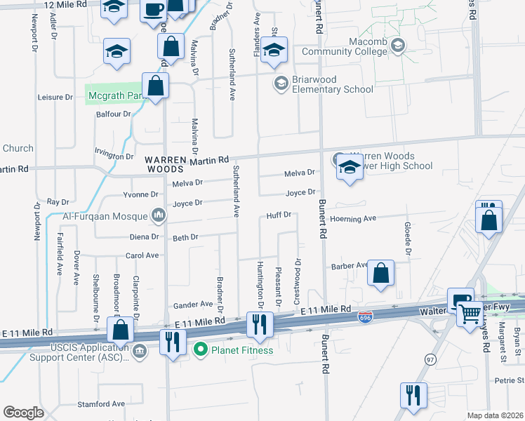 map of restaurants, bars, coffee shops, grocery stores, and more near 27529 Huntington Drive in Warren