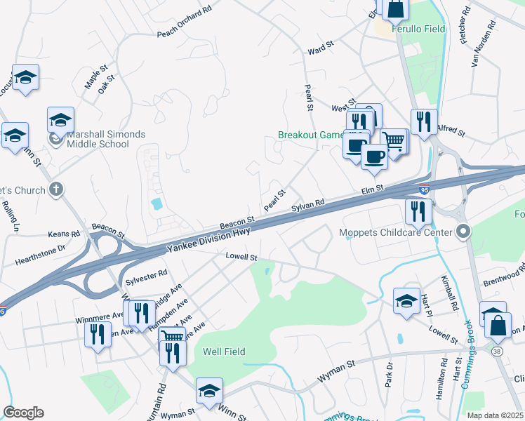 map of restaurants, bars, coffee shops, grocery stores, and more near 1 Westgate Drive in Woburn