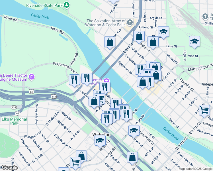 map of restaurants, bars, coffee shops, grocery stores, and more near 225 Commercial Street in Waterloo