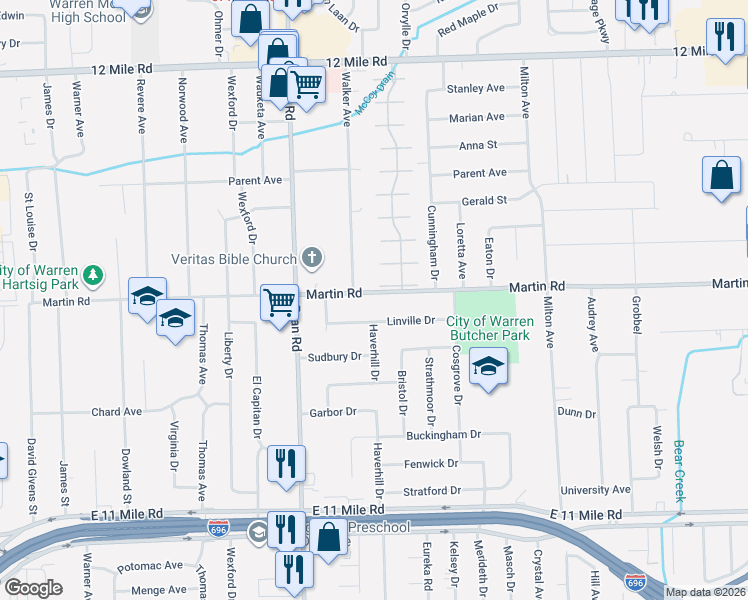 map of restaurants, bars, coffee shops, grocery stores, and more near 4360 Martin Road in Warren