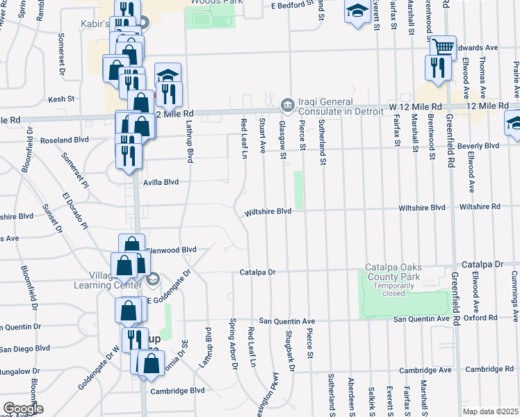 map of restaurants, bars, coffee shops, grocery stores, and more near 17146 Wiltshire Boulevard in Southfield