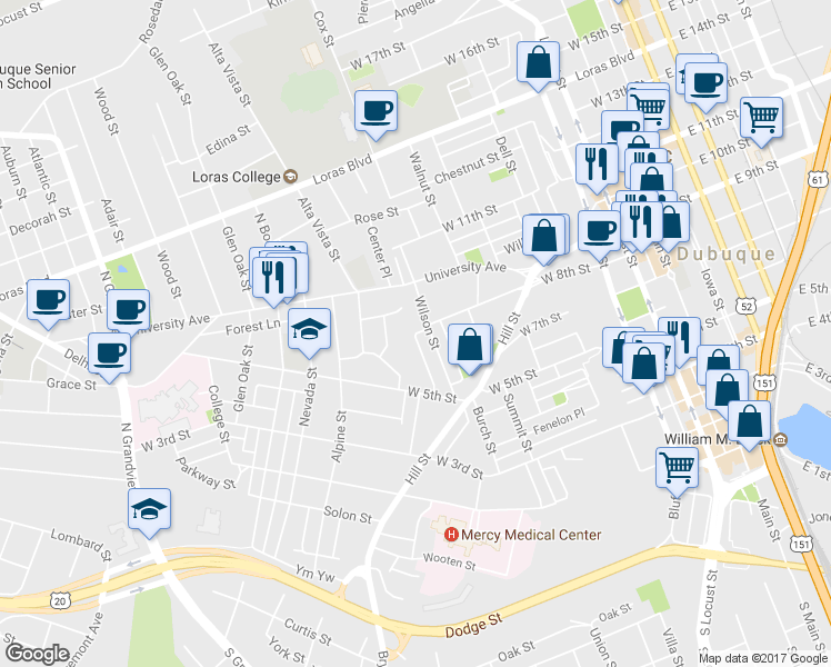 map of restaurants, bars, coffee shops, grocery stores, and more near 798 Roberts St in Dubuque