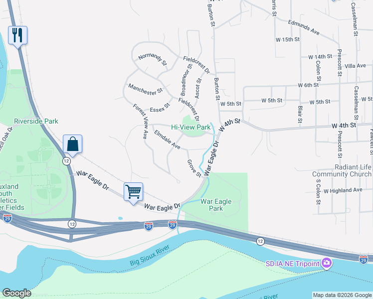 map of restaurants, bars, coffee shops, grocery stores, and more near 299 Grove Street in Sioux City