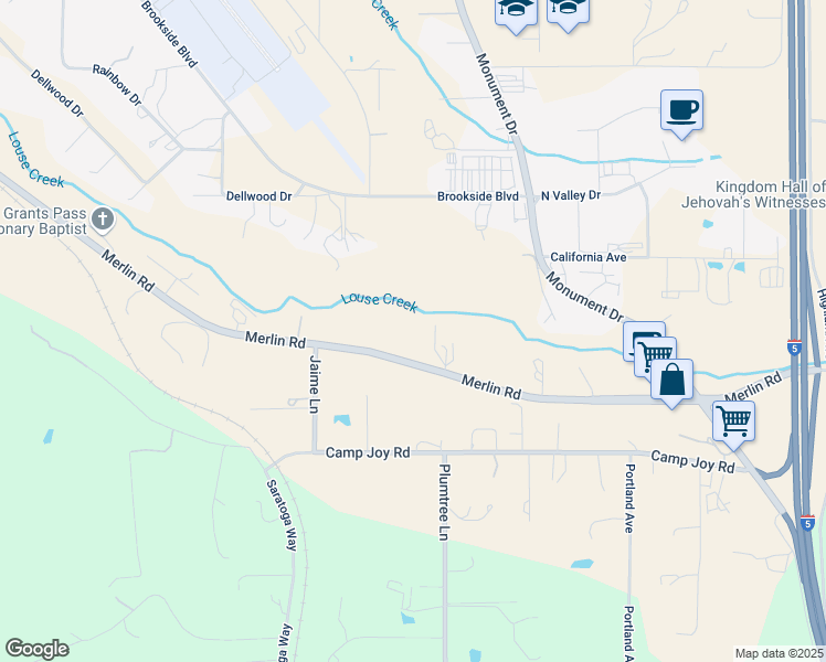 map of restaurants, bars, coffee shops, grocery stores, and more near 2950 Merlin Road in Grants Pass