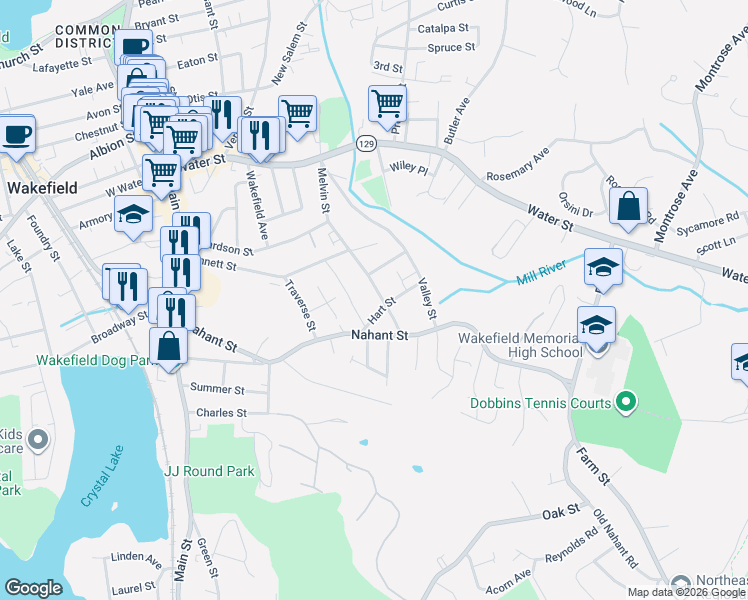 map of restaurants, bars, coffee shops, grocery stores, and more near 15a Hart Street in Wakefield