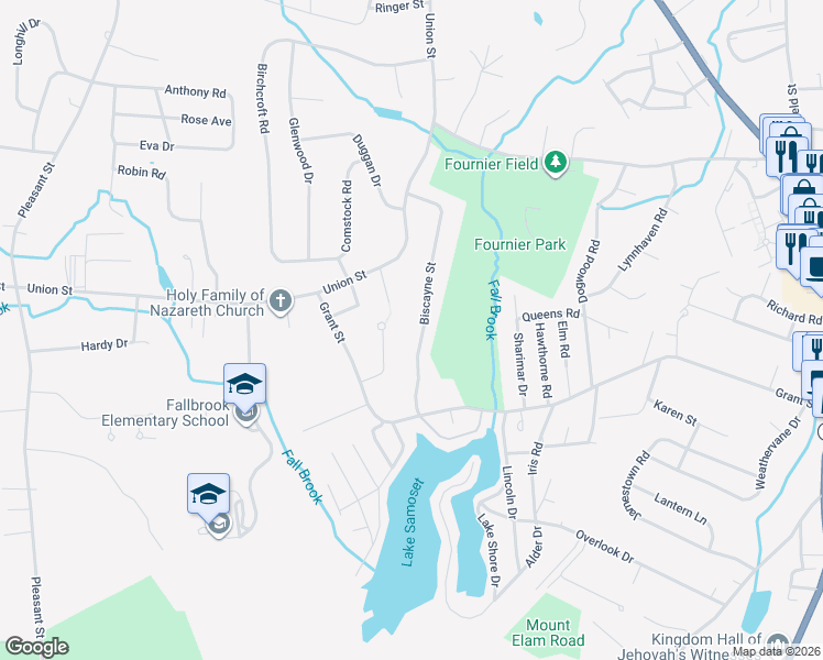 map of restaurants, bars, coffee shops, grocery stores, and more near 68 Biscayne Street in Leominster