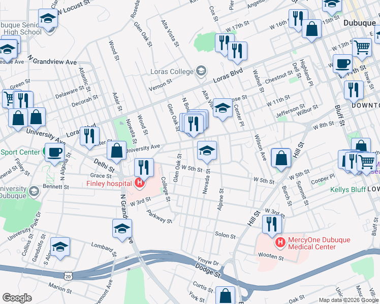 map of restaurants, bars, coffee shops, grocery stores, and more near 694 Glen Oak Street in Dubuque