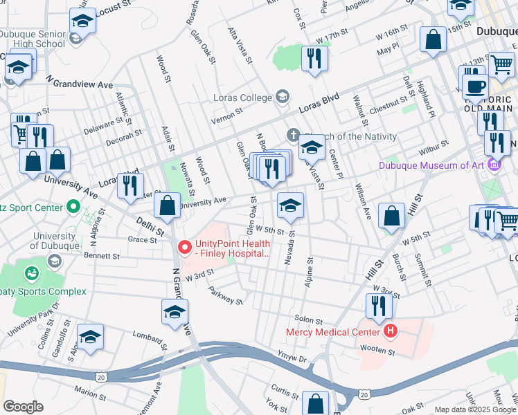 map of restaurants, bars, coffee shops, grocery stores, and more near 694 Glen Oak Street in Dubuque