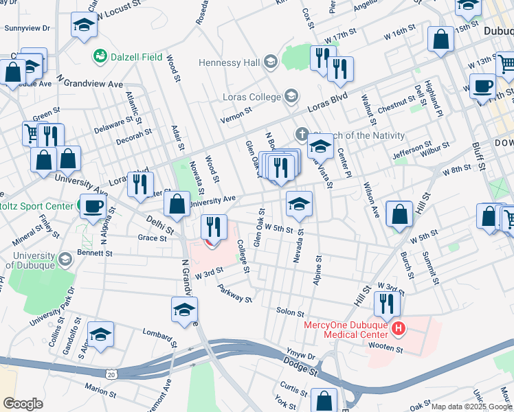 map of restaurants, bars, coffee shops, grocery stores, and more near 1365 West 5th Street in Dubuque
