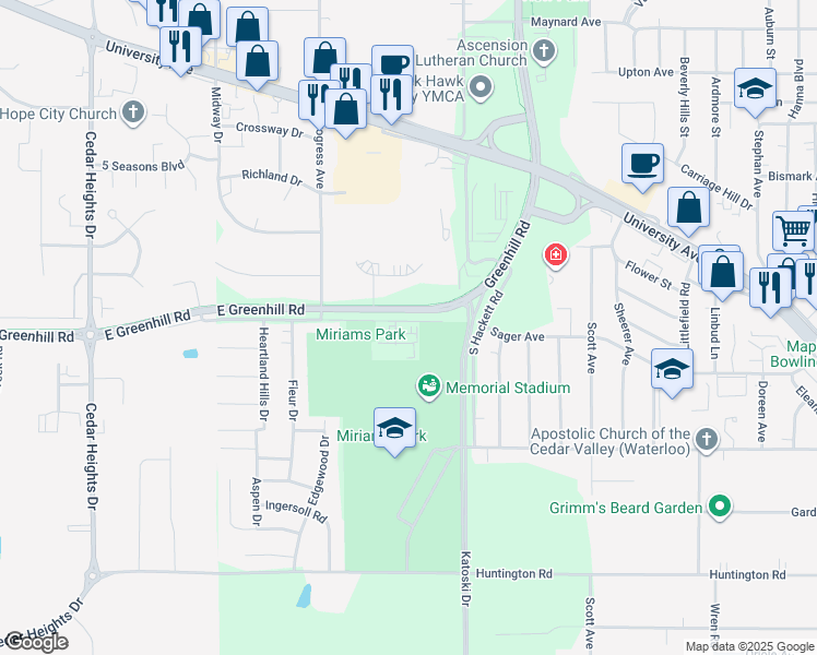 map of restaurants, bars, coffee shops, grocery stores, and more near 1117 Tiffany Place in Waterloo