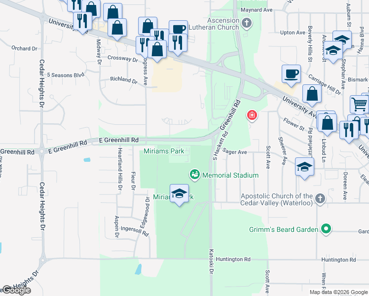 map of restaurants, bars, coffee shops, grocery stores, and more near 1117 Tiffany Place in Waterloo