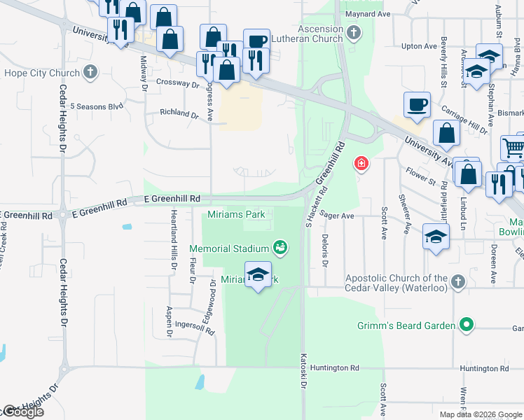 map of restaurants, bars, coffee shops, grocery stores, and more near 1117 Tiffany Place in Waterloo
