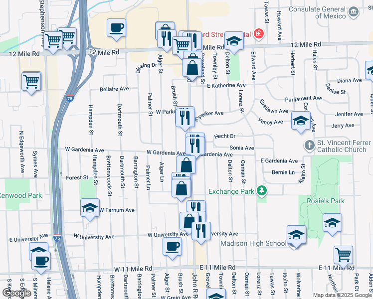 map of restaurants, bars, coffee shops, grocery stores, and more near 27845 John R Road in Madison Heights