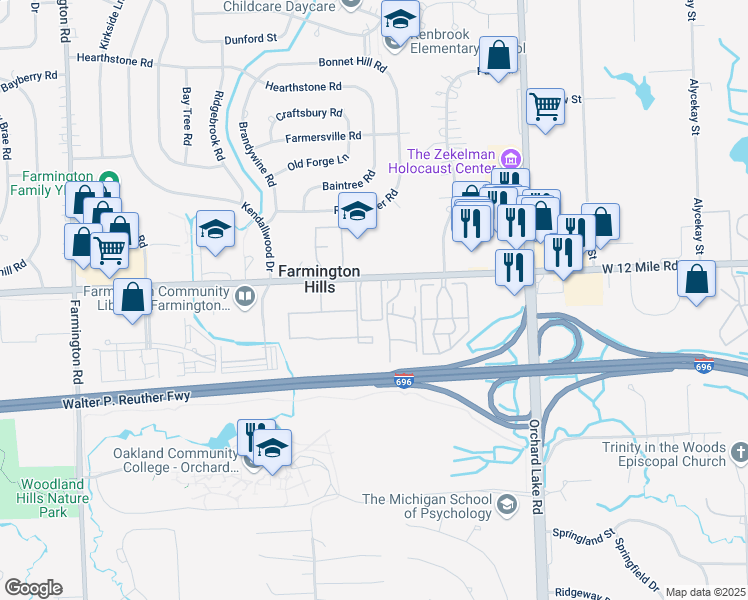 map of restaurants, bars, coffee shops, grocery stores, and more near 32139 West 12 Mile Road in Farmington Hills