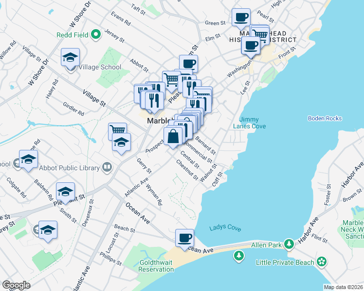 map of restaurants, bars, coffee shops, grocery stores, and more near 59 Atlantic Avenue in Marblehead