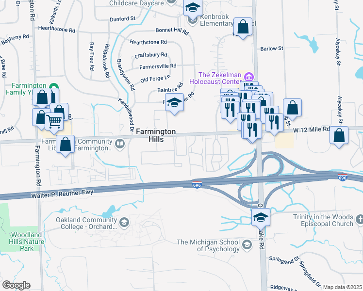 map of restaurants, bars, coffee shops, grocery stores, and more near 32139 West 12 Mile Road in Farmington Hills