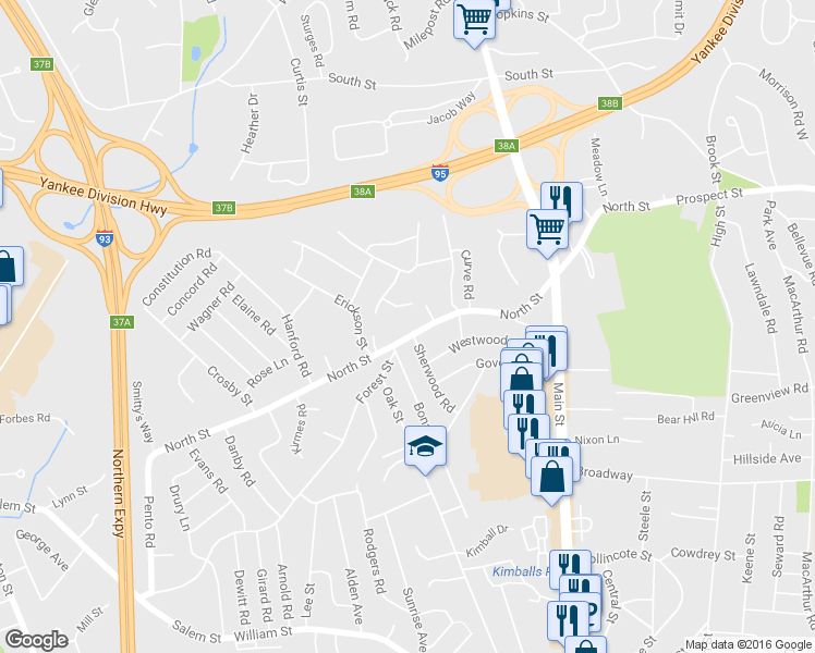 map of restaurants, bars, coffee shops, grocery stores, and more near 125 North St in Stoneham