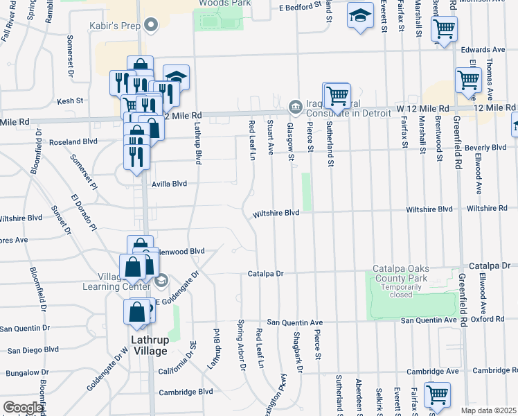 map of restaurants, bars, coffee shops, grocery stores, and more near 17146 Wiltshire Boulevard in Southfield