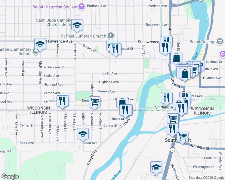 map of restaurants, bars, coffee shops, grocery stores, and more near 544 Vernon Avenue in Beloit
