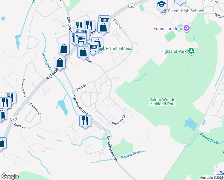 map of restaurants, bars, coffee shops, grocery stores, and more near 12 Celestial Way in Salem