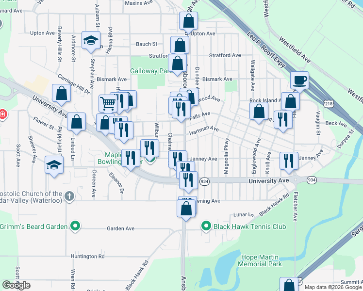 map of restaurants, bars, coffee shops, grocery stores, and more near 1028 Ansborough Avenue in Waterloo