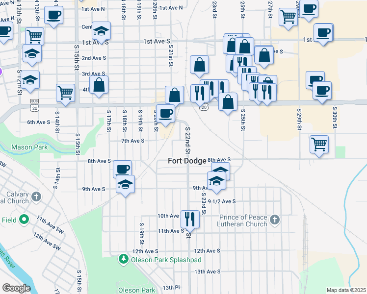 map of restaurants, bars, coffee shops, grocery stores, and more near in Fort Dodge