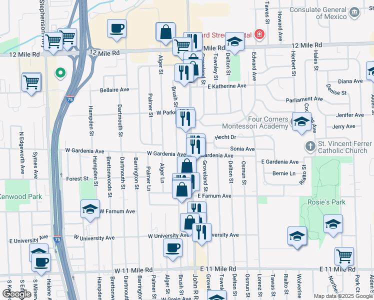 map of restaurants, bars, coffee shops, grocery stores, and more near 27845 John R Road in Madison Heights