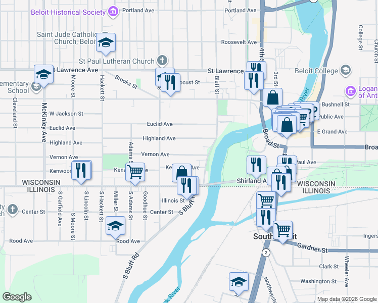 map of restaurants, bars, coffee shops, grocery stores, and more near 502 Vernon Avenue in Beloit