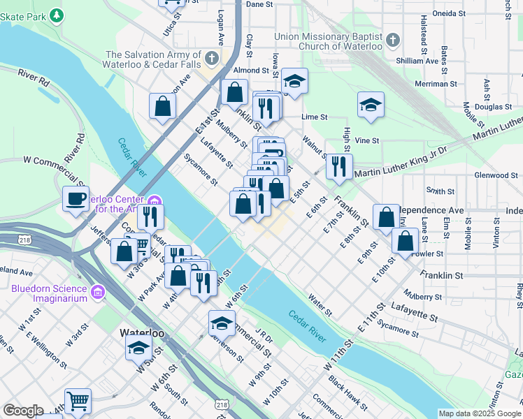 map of restaurants, bars, coffee shops, grocery stores, and more near 607 Sycamore Street in Waterloo