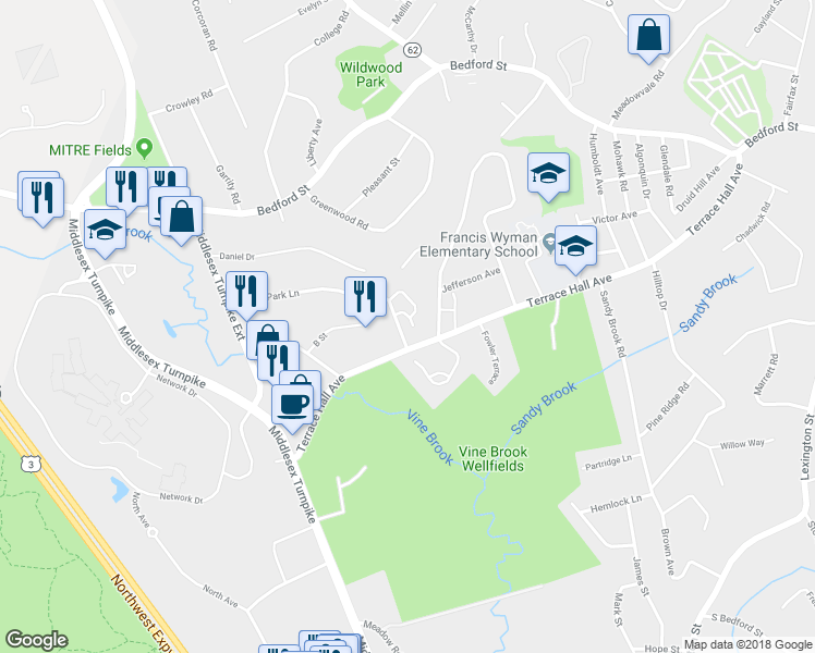 map of restaurants, bars, coffee shops, grocery stores, and more near 77 Terrace Hall Avenue in Burlington