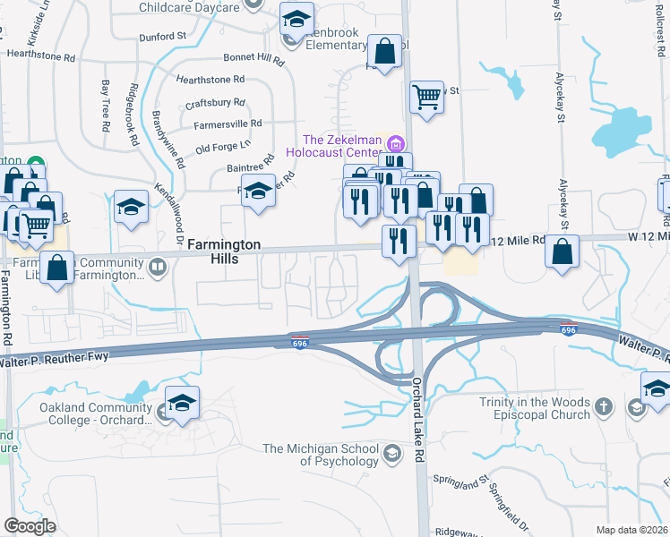 map of restaurants, bars, coffee shops, grocery stores, and more near 27542 Echo Valley West in Farmington Hills