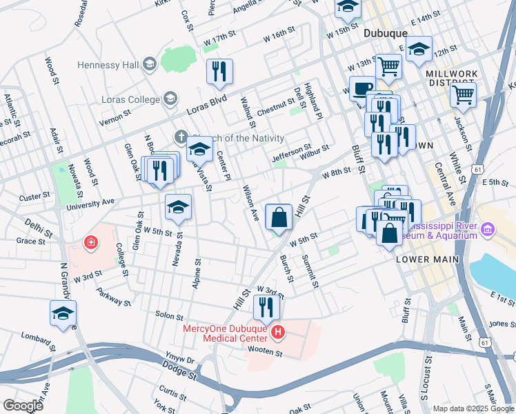 map of restaurants, bars, coffee shops, grocery stores, and more near 735 Caledonia Place in Dubuque