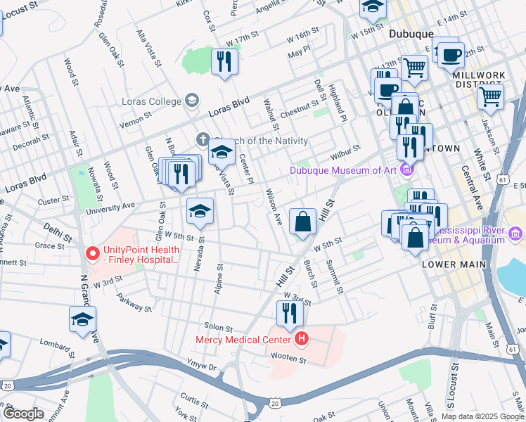 map of restaurants, bars, coffee shops, grocery stores, and more near 600-798 Roberts Street in Dubuque