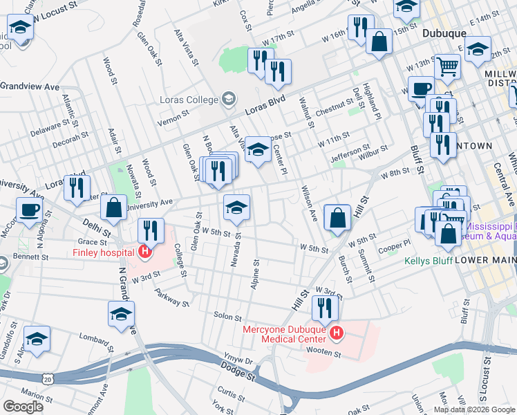 map of restaurants, bars, coffee shops, grocery stores, and more near 670 Alpine Street in Dubuque