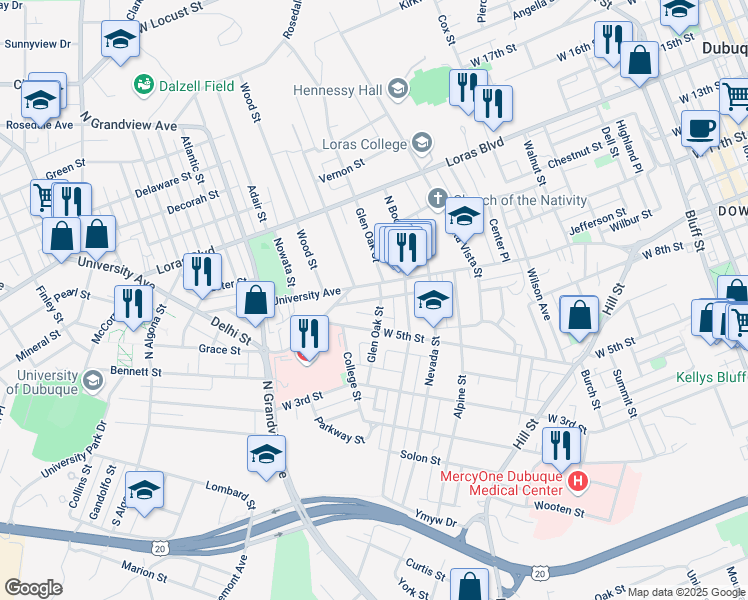 map of restaurants, bars, coffee shops, grocery stores, and more near 694 Glen Oak Street in Dubuque