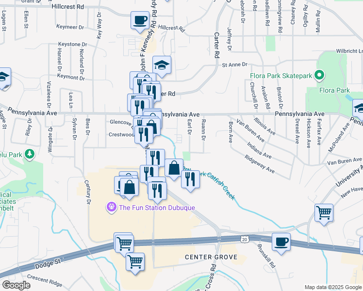 map of restaurants, bars, coffee shops, grocery stores, and more near 1550 Butterfield Drive in Dubuque