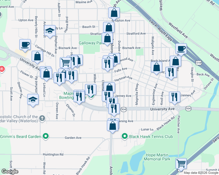 map of restaurants, bars, coffee shops, grocery stores, and more near 1028 Ansborough Avenue in Waterloo
