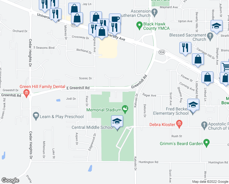 map of restaurants, bars, coffee shops, grocery stores, and more near 1118 Tiffany Place in Waterloo