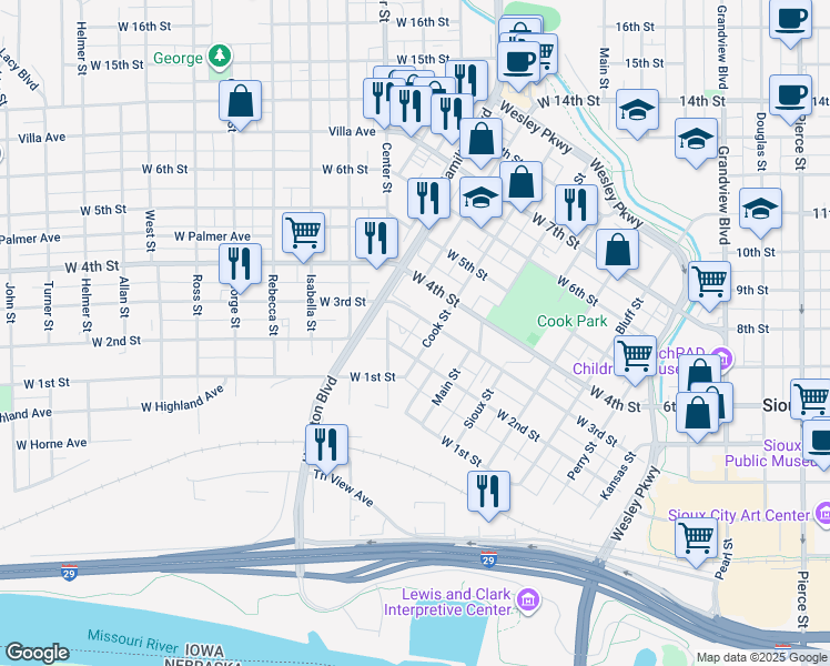 map of restaurants, bars, coffee shops, grocery stores, and more near 201 Cook Street in Sioux City