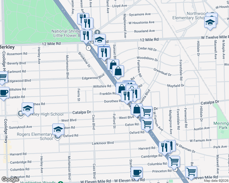 map of restaurants, bars, coffee shops, grocery stores, and more near 1307 Franklin Road in Berkley