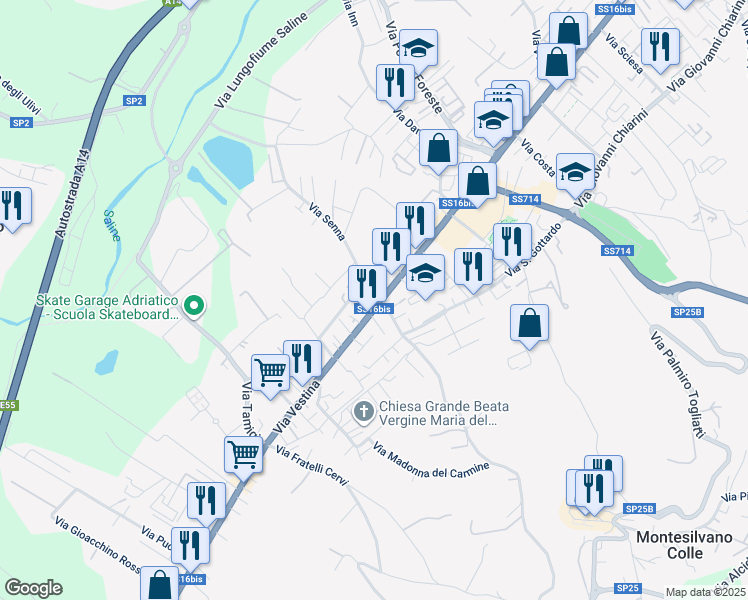 map of restaurants, bars, coffee shops, grocery stores, and more near 464 Via Vestina in Montesilvano