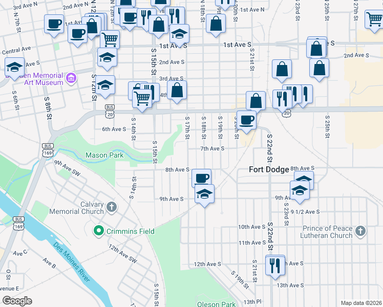 map of restaurants, bars, coffee shops, grocery stores, and more near 701-799 S 17th St in Fort Dodge