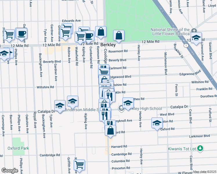 map of restaurants, bars, coffee shops, grocery stores, and more near 2823 Coolidge Highway in Berkley