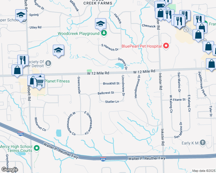 map of restaurants, bars, coffee shops, grocery stores, and more near 28226 Bellcrest Street in Farmington Hills