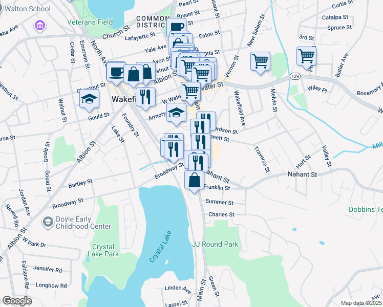 map of restaurants, bars, coffee shops, grocery stores, and more near 23 North Avenue in Wakefield