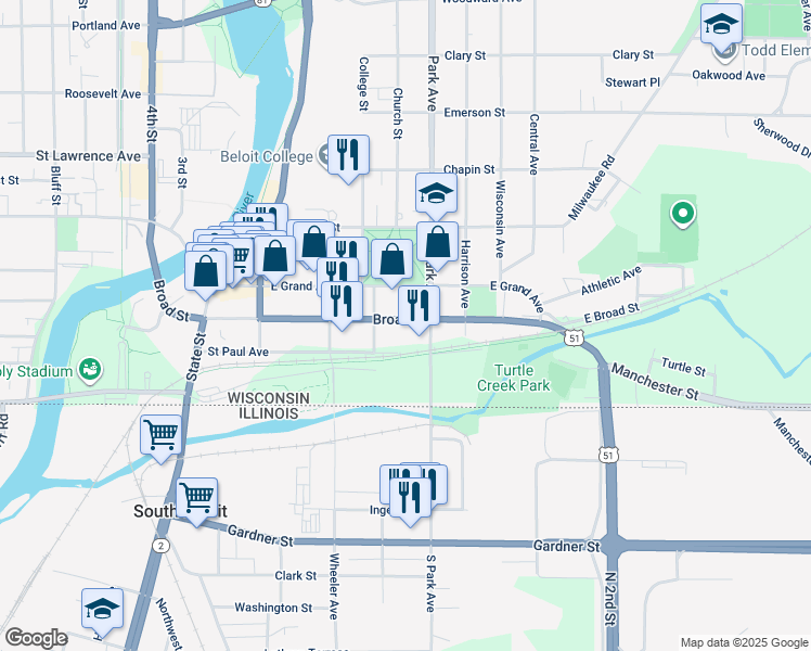 map of restaurants, bars, coffee shops, grocery stores, and more near 828 Broad Street in Beloit