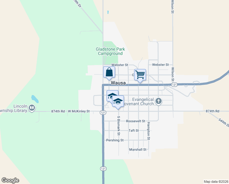 map of restaurants, bars, coffee shops, grocery stores, and more near in Wausa