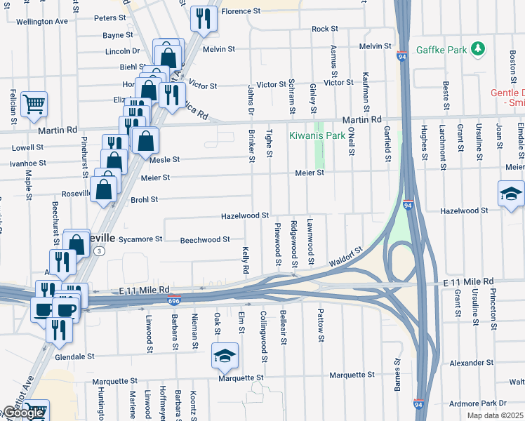 map of restaurants, bars, coffee shops, grocery stores, and more near 27350 Kelly Road in Roseville