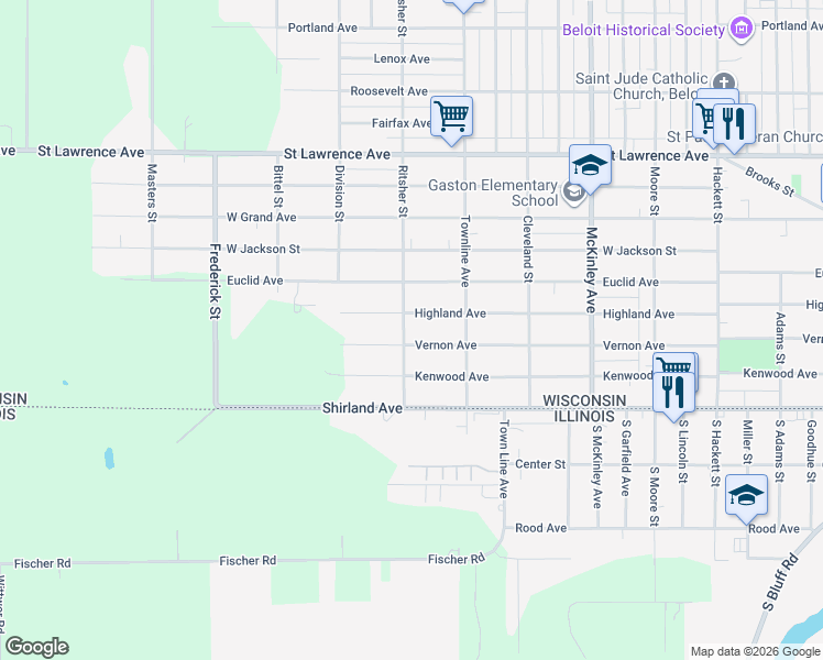map of restaurants, bars, coffee shops, grocery stores, and more near 2001 Vernon Avenue in Beloit